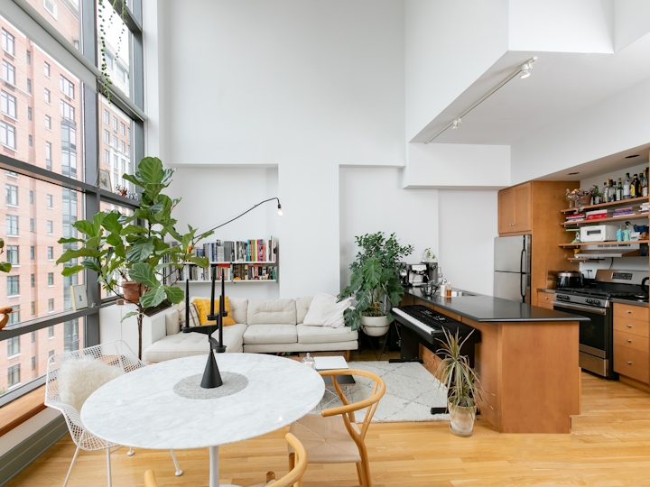 a dining room table in front of a building
