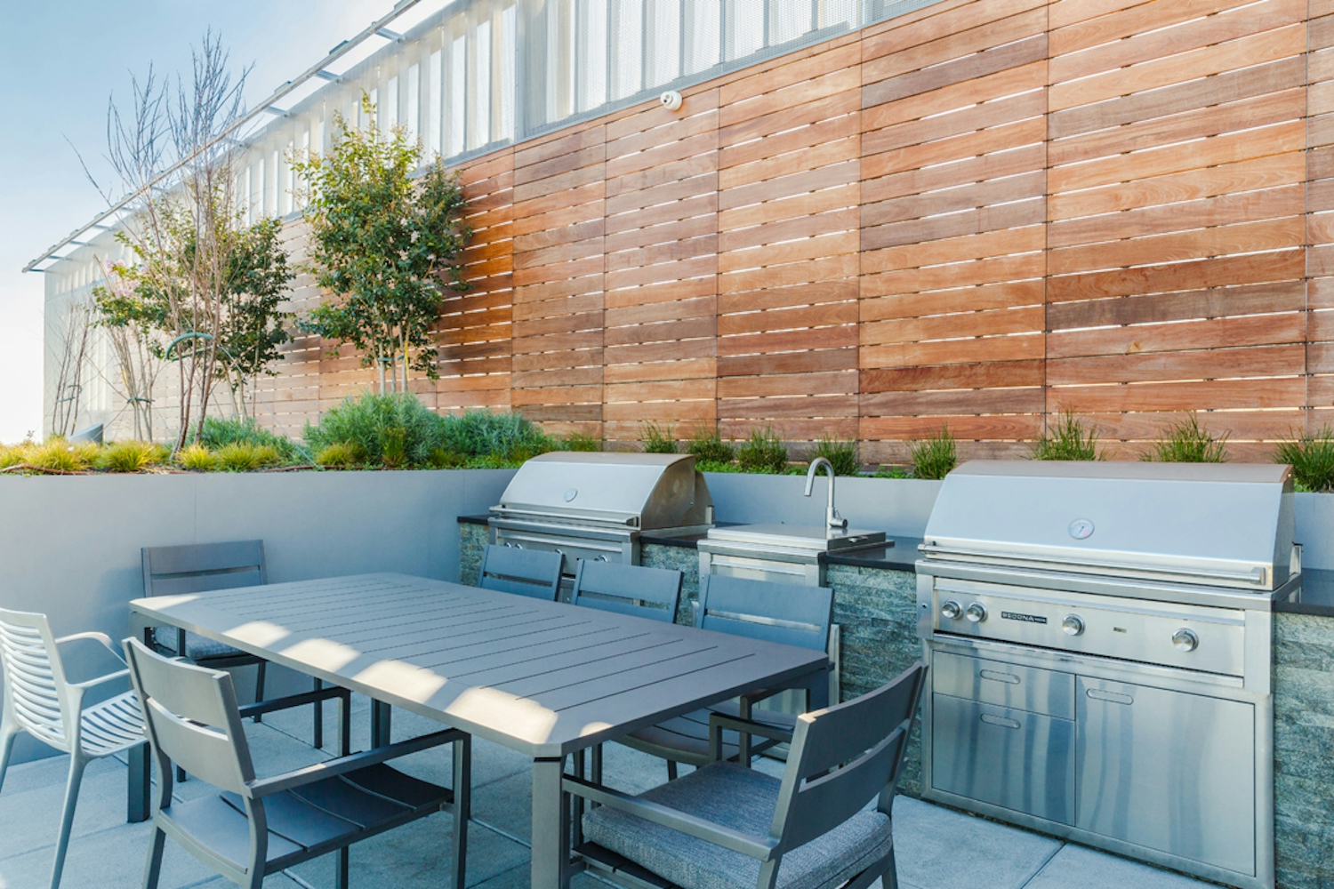 a dining room table in front of a building