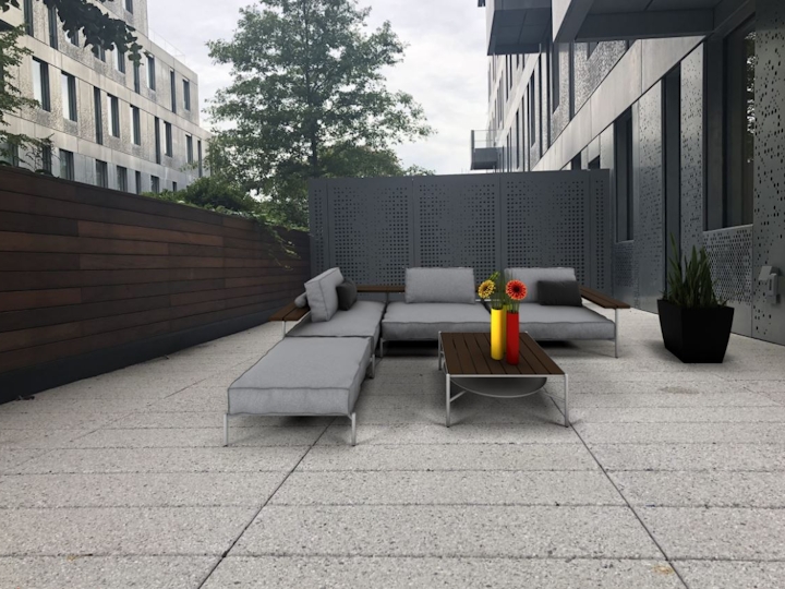 a bench in front of a building