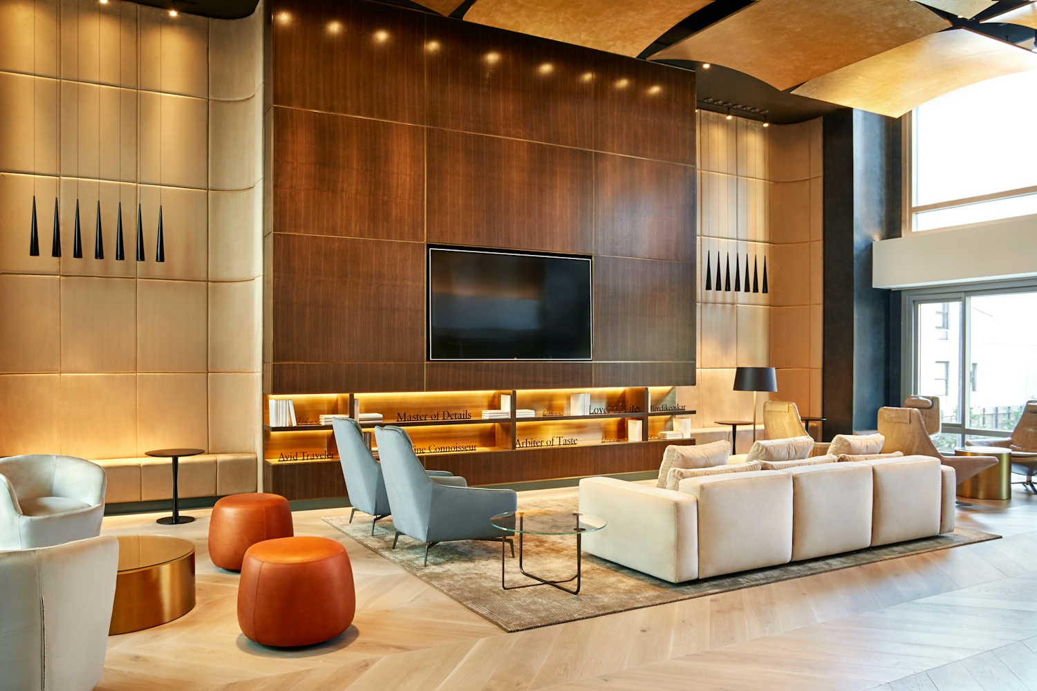 a room filled with furniture and a large window