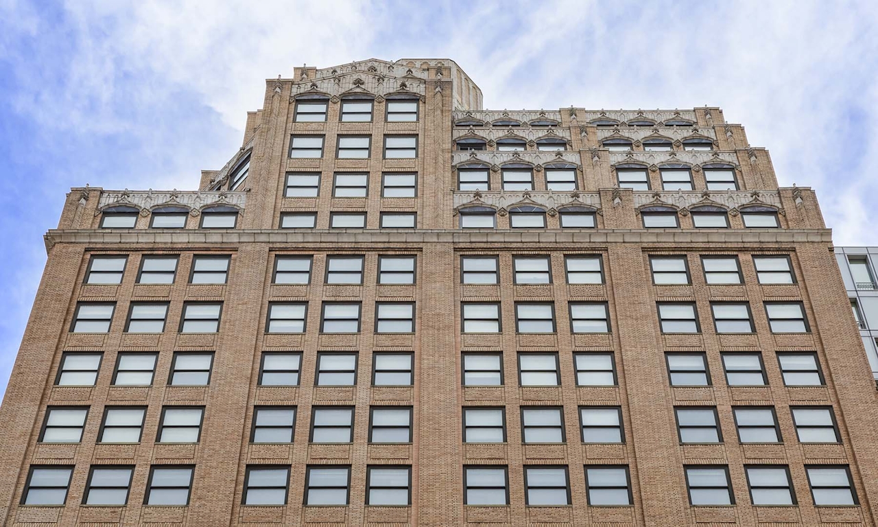 a tall building with a large window