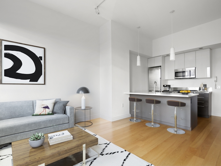 a kitchen with a table in a room