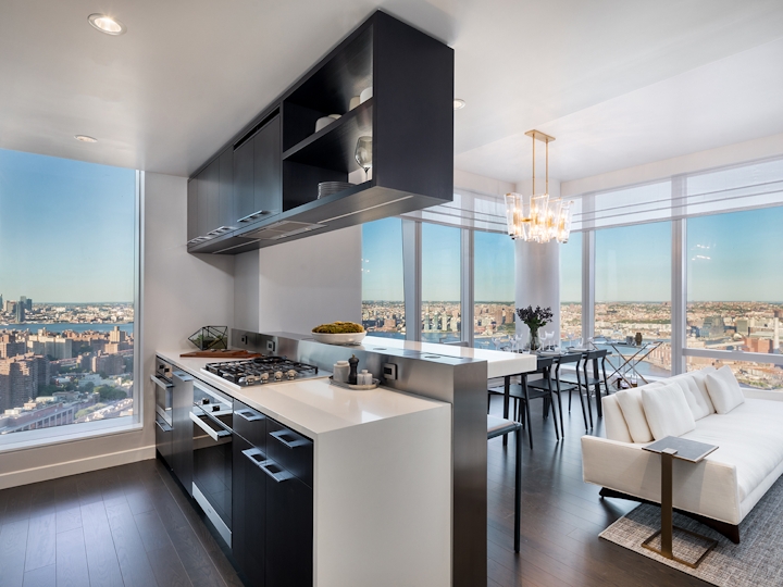 a kitchen with a large window