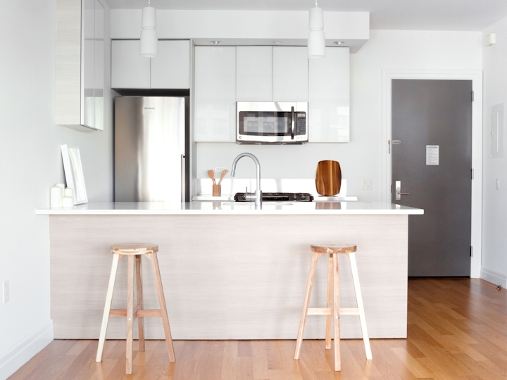 a kitchen with a wooden floor