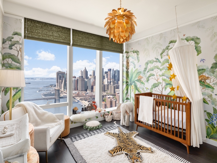 a bedroom with a large window