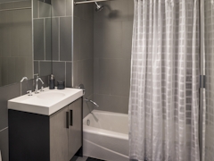 Thumbnail of The Ashland: 41P a white tub sitting next to a shower curtain