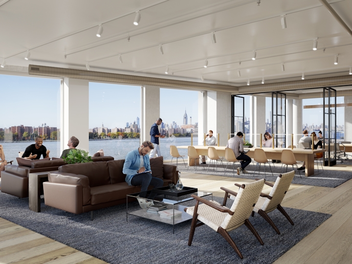 a living room filled with furniture and a large window