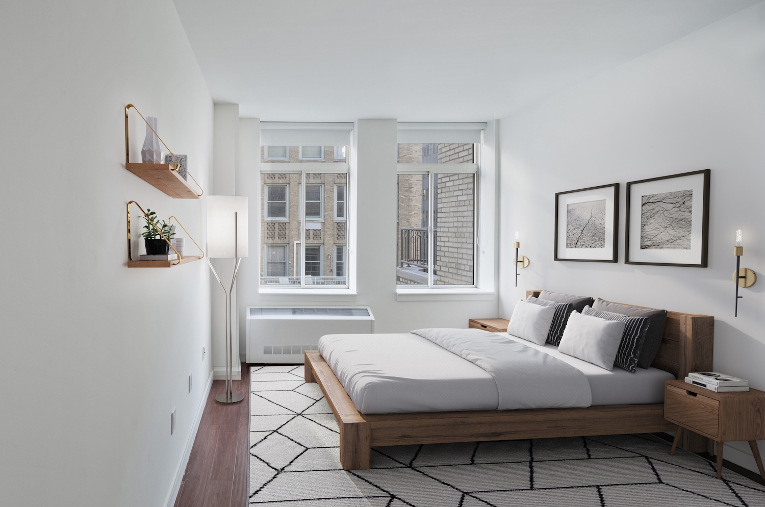 a living room with a bed and a window