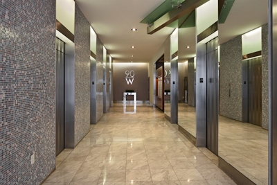 a large brick building with a tiled floor